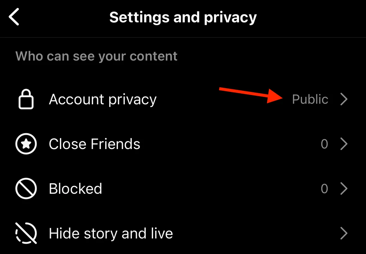 Instagram privacy settings Instagram’s privacy settings with an arrow pointing at the Account privacy selection set on Public